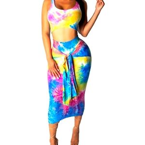 Remelon Womens Sexy Sleeveless Tie Dye Print Tank Crop Top Bodycon Tie Skirts